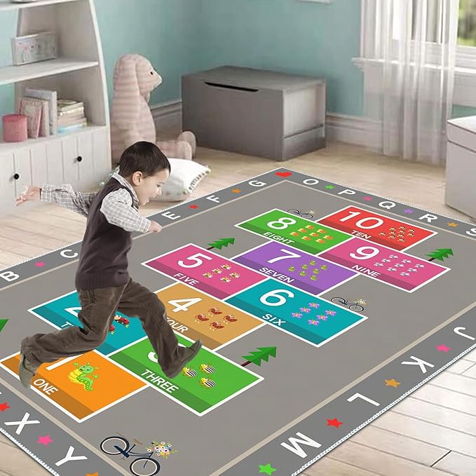 Hopscotch Play Rug Carpet for Kids, ABC Alphabet Number Educational Rug, Children's Counting Game Mat for Playroom, Classroom, Bedroom and Nursery (Grey, 47x71 in)