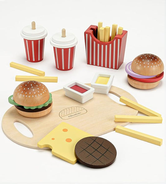 Wooden Play Food Toy for Kids Pretend Play Kitchen Accessories for Toddlers Wooden Play Fast Food Hamburger Set Educational Toys Gift for Boys Girls