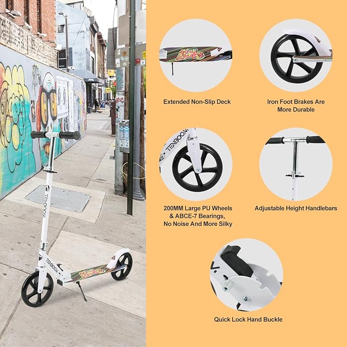 TENBOOM Kick Scooter for Ages 6+,Kid,Teens & Adults. Max Load 240 LBS. 8IN Big Wheels for Kids, Teen and Adults, 3 Adjustable Levels