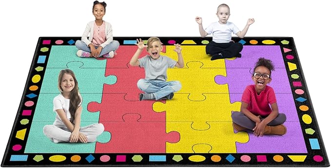 Booooom Jackson Classroom Rug Elementary 16 Seats Classroom Carpet 6.5 x 8.5 ft Preschool Rugs Colorful Puzzle Seating Rug with Non-Slip Backing for School (PzLaB-2620)