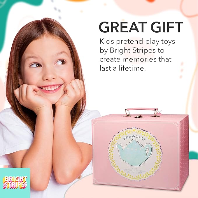 Bright Stripes Porcelain Tea Set for Kids - Premium Quality Pretend Play - 4 Cups, Saucers, Pot, Sugar, Creamer - Ideal for Girls