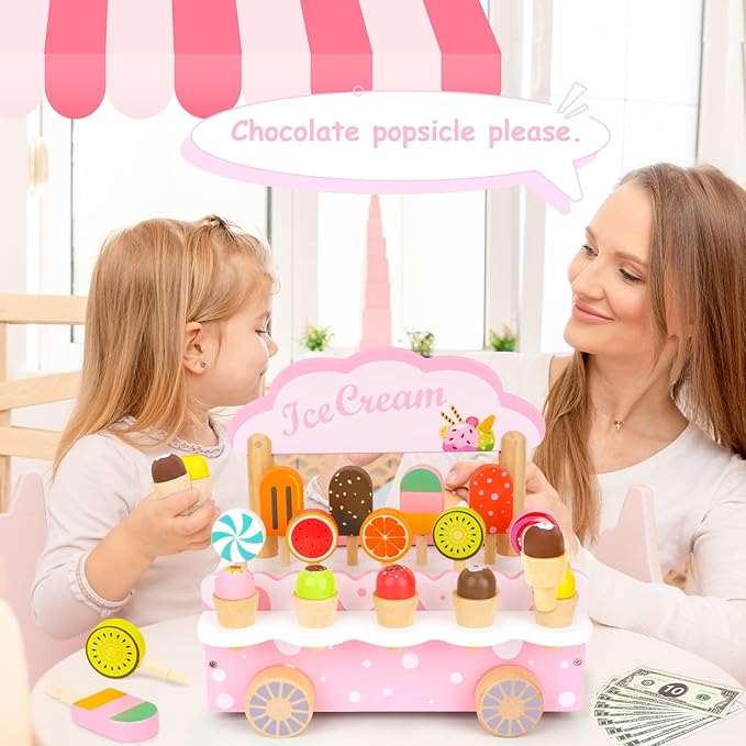 Wooden Play Toys for Toddler Girls 3-5 - Ice Cream Truck Cart Pretend Toys for Kids Ages 2-4, Montessori Toys Kitchen Popsicles Play Store Birthday Gifts for Girls Boys Toddlers 3 4 5 6 Year Old