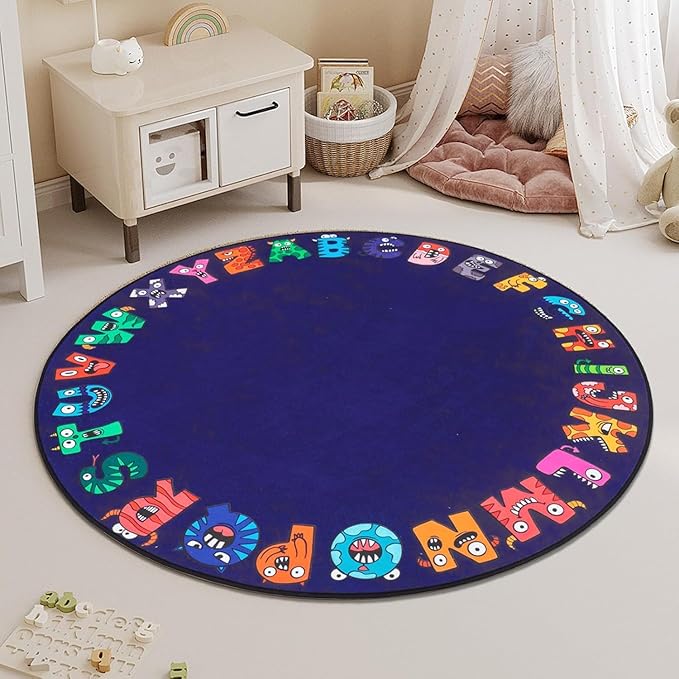 ABC Alphabet Rug for Kids, Classroom Playmat 6ft Non-Slip Circle Rugs for playroom, Round Area Rug for Elementary Classroom, Play Carpet for Boys Girls Bedrooms Playroom,Nursery RugsBlue