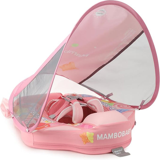 Mambobaby Float Add Tail Baby Swim Float with Canopy Solid Pool Infant Swim Trainer Swimming Training Lying Air Free Water Floats Non-Inflatable Waist Swim Ring for Toddlers (Candy)
