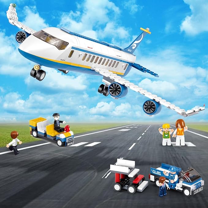 City Passenger Airplane Building Set for Boys 6+ 8+ 12+, City Plane Airport Playset with a Large Aircraft, Passenger Bus, Luggage Truck, Container Loader, 7 Minifigures, Compatible with Lego City