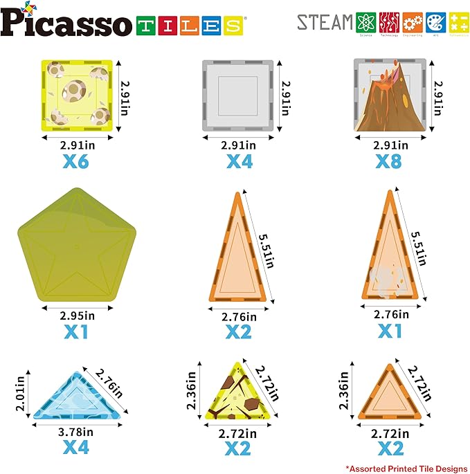 PicassoTiles Magnet Tiles Building Blocks Dinosaur Theme Set with 8 Magnetized Action Figures Magnetic Construction Build and Play Toys with Magnets STEM Learning Activities for Toddlers 3+ PTQ13
