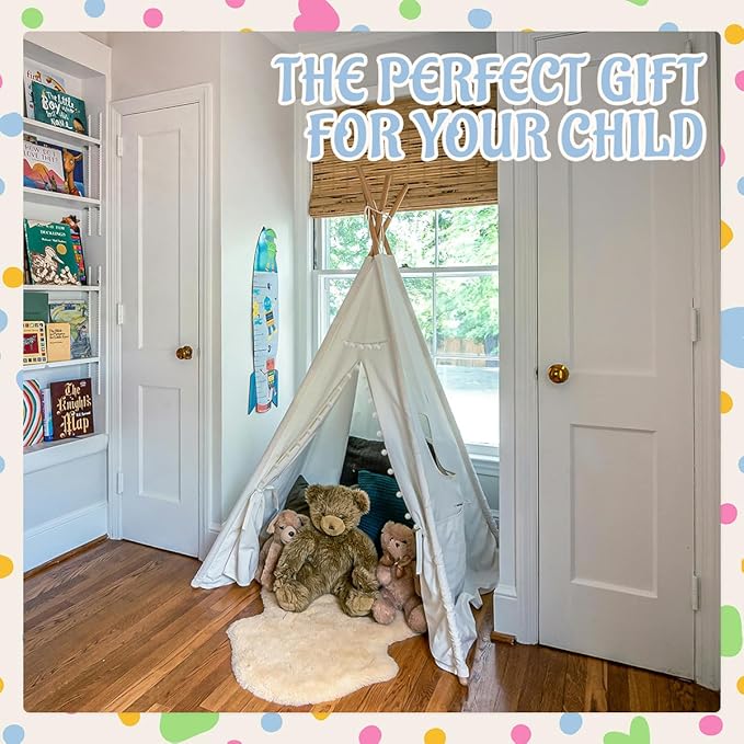 2 PCS Teepee Tent for Kids,Washable Tapered Kids Teepee Tent,Bohemian White Collapsible Sleepover Tents,for Boys and Girls Sleepover Pajamas Party Birthday SPA