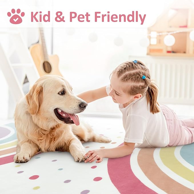 STARUIA Washable Rainbow Area Rug for Girls Bedroom, Colorful 4x6 Nursery Kid Room Rug, Non-Slip Soft Polka Dot Carpet for Classroom Playroom Tent Castle