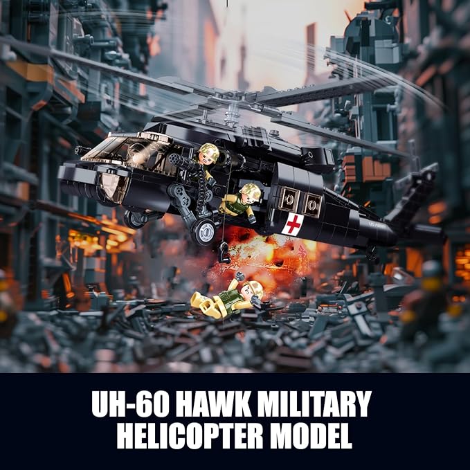 UH-60 Black Utility Helicopter Building Set for Adults, Compatible with Lego Military Army Airplane, Hawk Plane Model Kit with 4 Soldier Figures, Birthday Gift Toys for 8-14 Boys Kids (692 PCS)