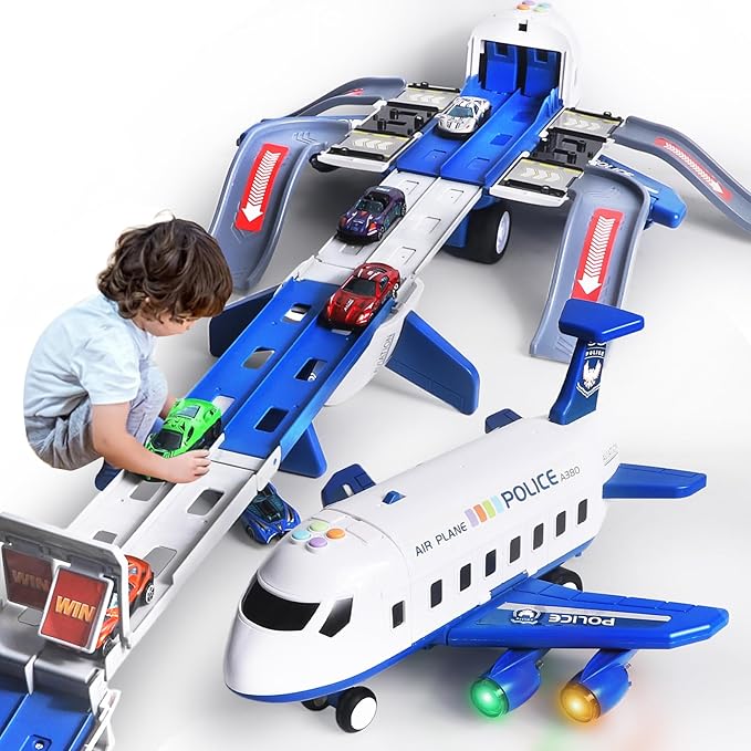 Airplane Toy Race Track Kids Toys, Foldable 4 Layer Toddler Car Track Playset, Toy Plane Transport Car Carrier & 6 Race Cars, Toddlers Toys Birthday Xmas Gifts for Age 3 4 5 6+ Years Old Boys Girls