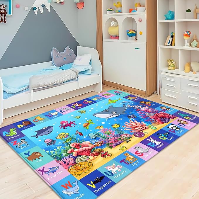 Alphabet Kids Rug for Playroom, 5x7 ABC Ocean Kid Play Mat, Preschool Area Rugs for Classroom, Sea Animals Educational Rugs Numbers Learning Mat Washable Bedroom Carpet Nursery Mats