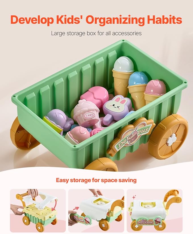 VEVOR Ice Cream Cart for Kids, 27 PCS Accessories, Pretend Play Store with Storage Trolley with Pretend Money, Sound & Light Effects, Montessori Educational Ice Cream Truck Toys for Toddlers 3+