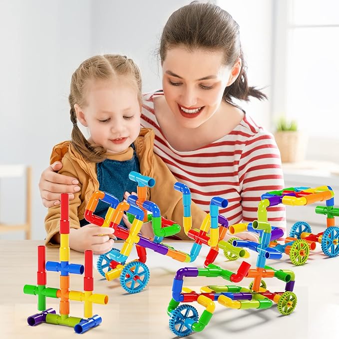 burgkidz STEM Learning Pipe Tube Construction Building Blocks, Sensory Toys with Wheels Baseplate for All Ages Kids Boys Girls, 188 Pcs