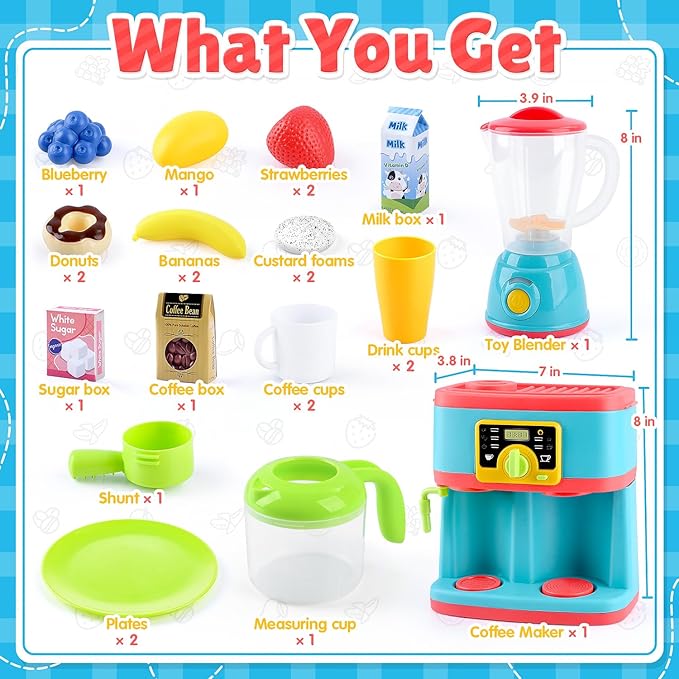 PLAY Kitchen Appliances Toys Set, Pretend Play Kids Kitchen Playset with Coffee Maker, Toy Blender and Play Foods, with Realistic Lights and Sounds, Play Kitchen Accessories Gift for Toddler Ages 3+