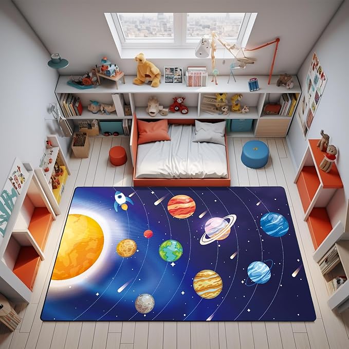 Space Rug for Kids Room Solar System Area Rugs for Boys Bedroom Kids Rugs for Playroom Space Planet Theme Play Mat for Kids Living Room Dining Room Classroom Decor 84x120 inch