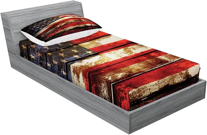 Ambesonne American Flag 2 Pack Fitted Sheet & Pillow Sham Set, Vintage Wooden, 4 Pcs Bedding Decor, Package Contains 2 Twin Size Fitted Sheets & 2 Pillow Covers, Red Navy