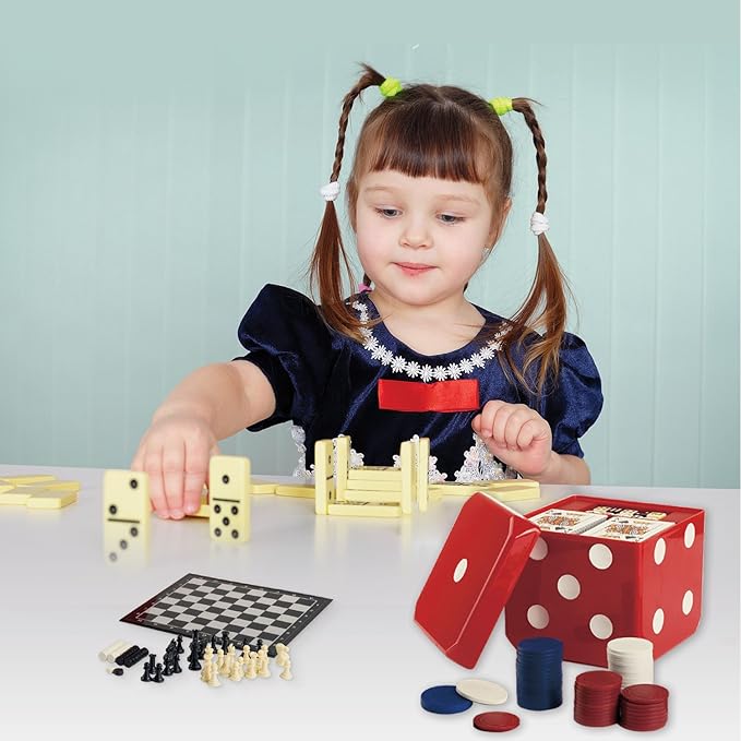 Gamie 6-in-1 Dice Cube Game Set Board Game and Casino Set–Includes Chess, Checkers and Backgammon, 2 Decks of Playing Cards, Poker Chips, Poker Dice and Dominoes-Complete Kit for Family Fun