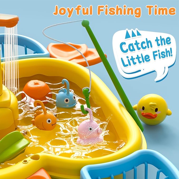 3-IN-1 Play Sink with Running Water, Kids Kitchen Sink Toys with Electric Duck Faucet, Pretend play kitchen accessories, play food, Water Slide Track, Pool Floating Fishing Game Gift Toy for BoysGirls