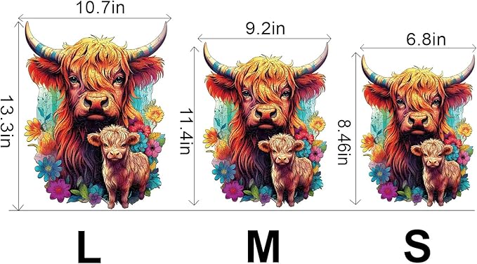 WOODBESTS Wooden Puzzle for Adults, Highland Cattle Family Puzzle (M, 170pcs, 9.2"x11.4") Beautiful Wooden Box, Wooden Jigsaw Puzzles Unique Shape, Birthday Gifts for Adults and Kids Family Game