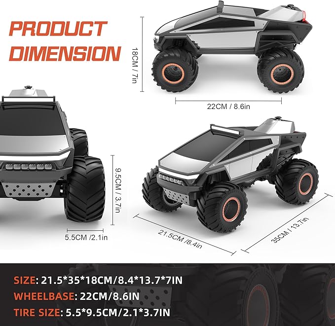 1:12 RC Car Remote Control Monster Truck with Lights & Spray Function Christmas Birthday Gift for 6 7 8+ Year Old Boys Girls