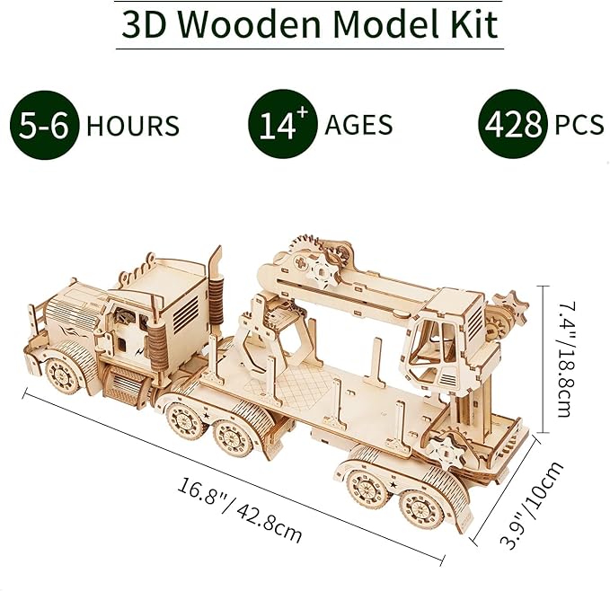 3D Wooden Puzzle for Adults, Wooden Mechanical Truck Crane Puzzles, DIY Model Building Kit Handicraft Wood Craft Hobbies Toy, Birthday for Hobbyist Teens Family Women Men, 428 Pieces