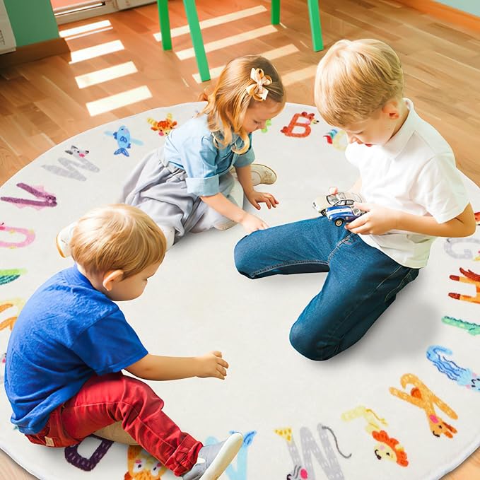 Round ABC Kids Rug,5.2 ft Animal Alphabet Playroom Rug,Washable Non-Slip Cute Nursery Rug for Kids Room,Educational Kids Play Rug Classroom Carpet for Playroom Kids Room Bedroom Decor