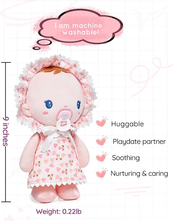 Soft Baby Doll Toys (9''), My First Baby Rag Doll for 1 Year-Old Girl Birthday Gift, Christmas Plush Toys Gift for Toddler Kids Infants-Cherry Baby