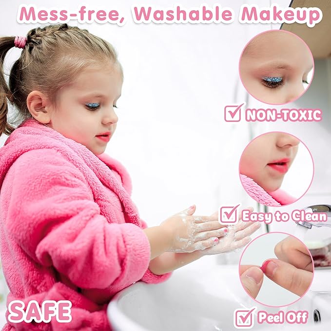58Pcs Kids Makeup Kit for Girl - Real Washable Cosmetic Set with Light Up Mirror - Kids Makeup Sets for Girls -Play Make Up Birthday for Age 3 4 5 6 7 8 9 10 11 12 Years Old Kid -Pink