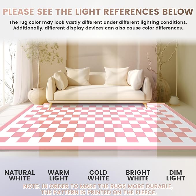 Washable 4x6 Checkered Area Rug for Living Room, Pink Checkerboard Modern Boho Large Rugs, Ultra Thin Low Pile Lightweight Soft Indoor Carpet with Non-Slip Backing for Bedroom Kids Nursery Play Room