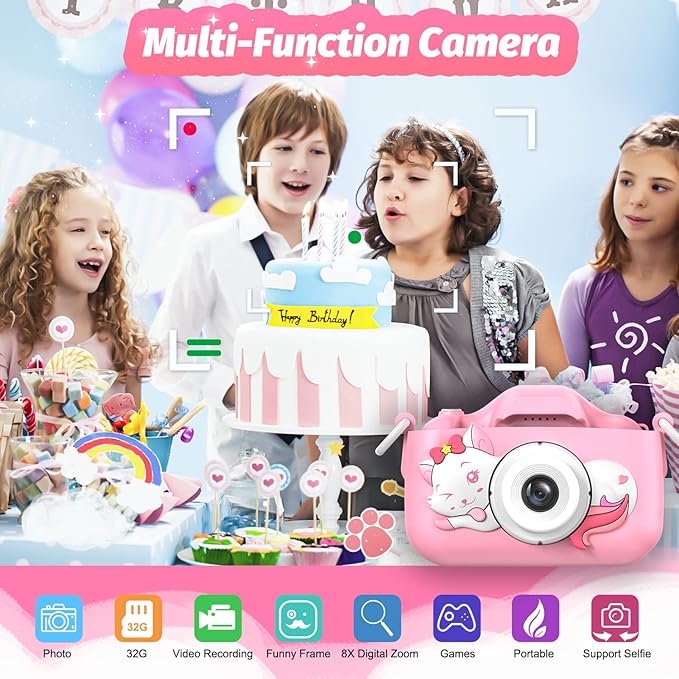 Goopow Kids Digital Camera, Pink Purple, 32GB MicroSD Card Included, Shockproof and Durable for Girls Ages 3-10
