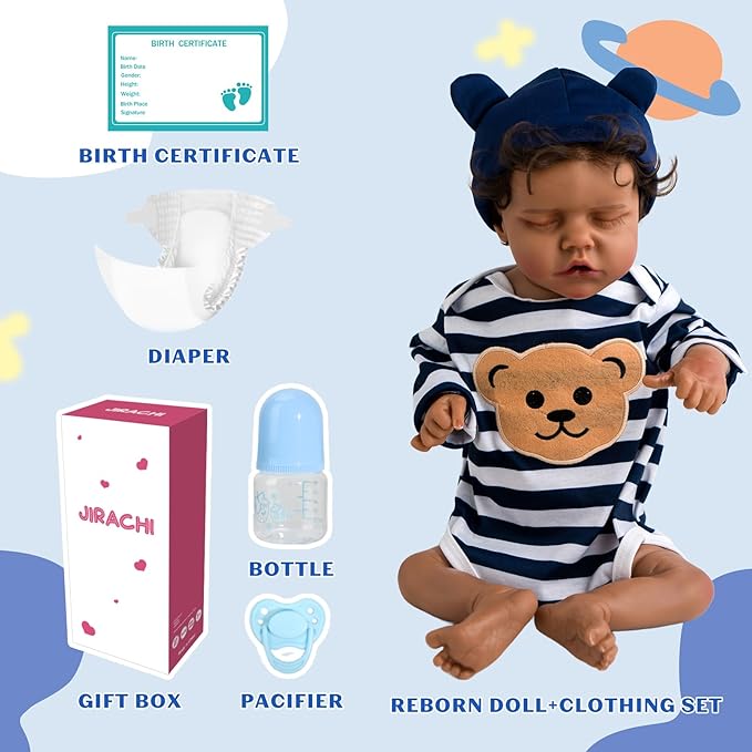 Jirachi Lifelike Reborn Baby Dolls Black-18 Inch Black American Realistic Baby Dolls Newborn Baby Boy with Toy Accessories Gift for Kids Age 3