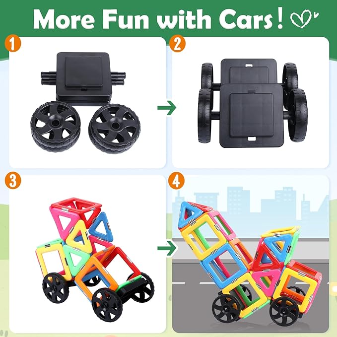 Magnetic Tiles with 2 Cars Toys for 3 4 5 6 7 8+ Year Old Boys Girls, Magnetic Blocks Building Set for Toddlers STEM Creativity Educational Toys for Kids Age 3-6