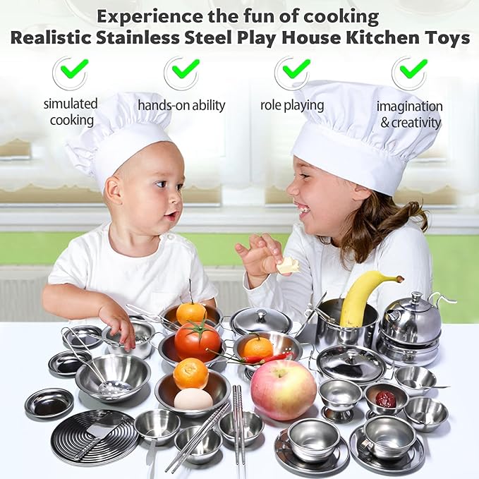 Mini Size Kids Kitchen Pretend Play Toys Accessories with Stainless Steel Cookware Pots and Pans Set,Classic Kitchen Accessories Cooking Utensils Set Tiny Role Play Cooking Play Toy for Kids Toddlers