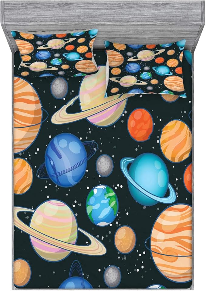Ambesonne Galaxy Fitted Sheet & Pillow Sham Set, Galaxy Space Art Solar System Planets Mars Mercury Uranus Jupiter Venus Kids Print, Decorative Printed 3 Piece Bedding Decor Set, Full, Salmon