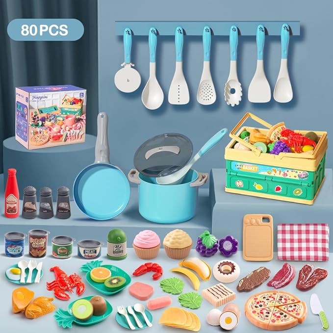 80Pcs Kitchen Playset, Toddler Pretend Cooking with Pots, Pans, Cookware, Food, Picnic Blanket, Fruits, Veges, Shopping Storage Basket, Dessert , Learning Gift for Girls Boys (Turquoise)