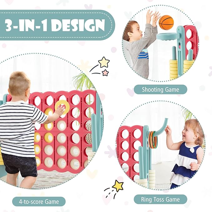 Costzon Giant 4-in-A-Row, Jumbo 4-to-Score Giant Game w/Basketball Hoop, Ring Toss, Quick-Release Slider, 42 Jumbo Rings, Indoor Outdoor Family Connect Game for Kids & Adults, Backyard Games