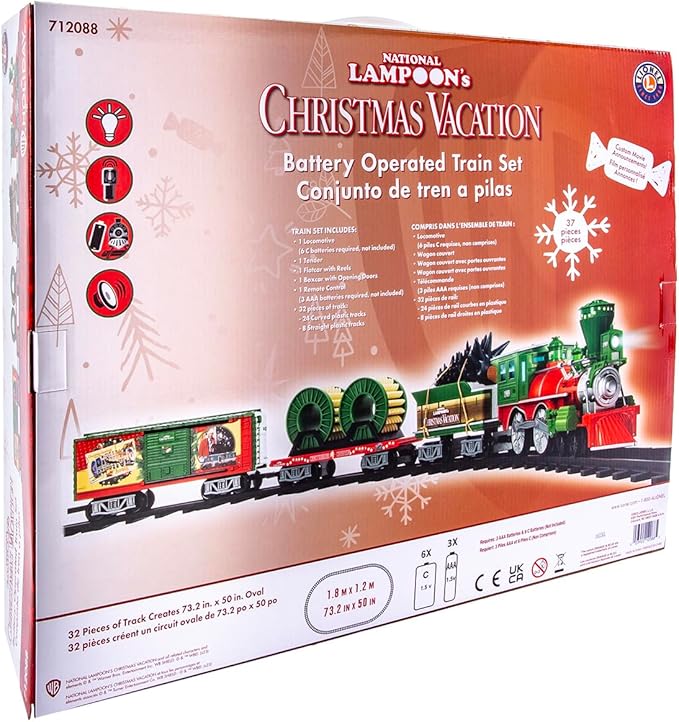 Lionel Battery-Operated Christmas Vacation Toy Train Set with Locomotive, Train Cars, Track & Remote with Authentic Train Sounds, & Lights for Kids 4+