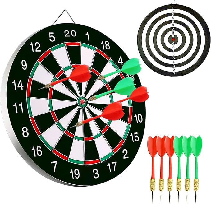 Dart Board Game Set - 17'' Double Sided Usable Dartboard with 6 Steel Tip Darts, Excellent Indoor & Outdoor Party Game, Christmas Birthday Gifts for Adults Teens Family Office Leisure Sport