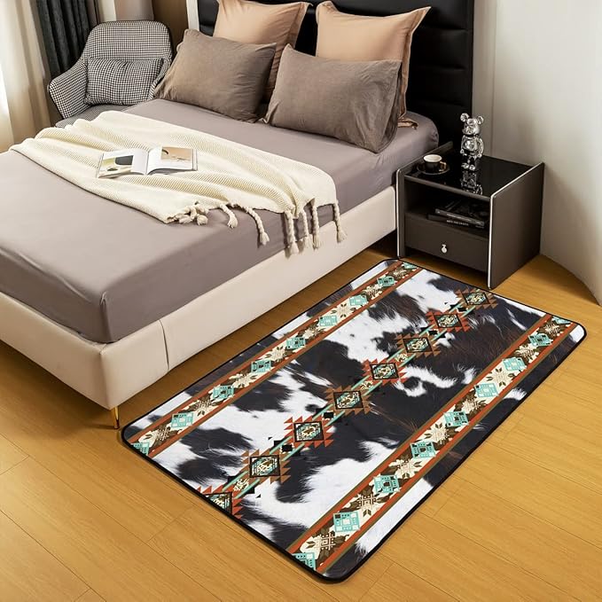 Erosebridal Cowhide Area Rug 3x5, Black and White Highland Cow Print Rug, Western Rugs Exotic Aztec Carpet for Bedside, Farmhouse Wild Animals Longhorn Skin Cowboys Decorative Rug for Men