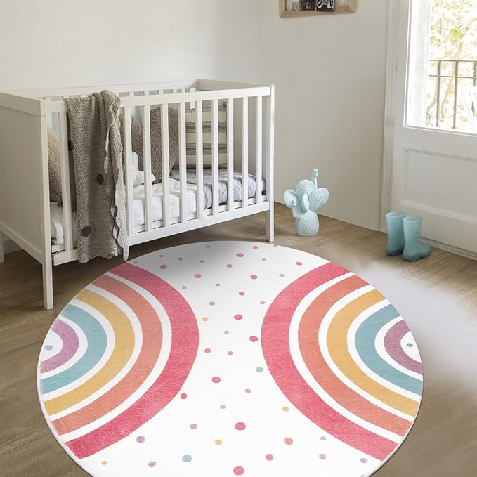 STARUIA Colorful Rainbow Rug for Nursery, 5 Ft Machine Washable Rug for Kids Room, Large Round Rugs for Girls Bedroom, Circle Kids Rug Soft Polka dot Carpet for Classroom Playroom Tent