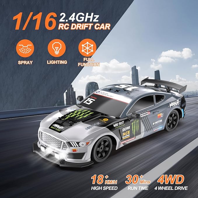 Dollox Remote Control Car 1/16 Scale RC Drift Car 2.4GHz 4WD High Speed 18+KM/H Vehicle with LED Lights and Spray, Extra Drifting Tires Racing Vehicle Toys Birthday Gifts for Adults Boys, 2 Batteries