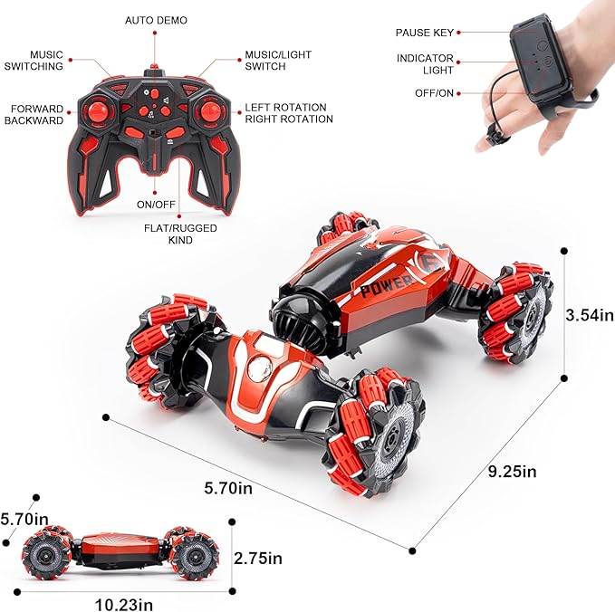 Gesture Sensing RC Stunt car, 4WD Drive Watch Remote-Controlled Vehicle, Bidirectional Drifting Off-Road Vehicle with Music and Lights Toys for Boys,Presents for Kids 4-12 Old