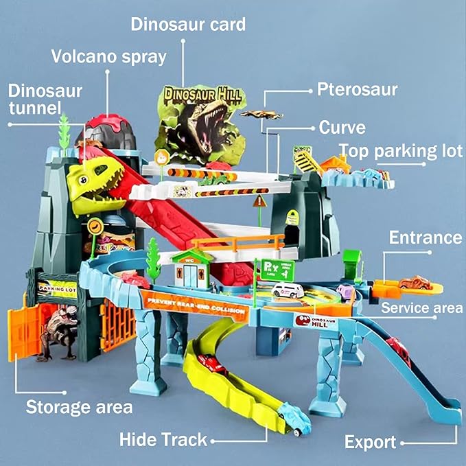 Children's Toy Car Ramp Track Dinosaur Spray Hills Adventure Railcar Slot Car Vehicle Race Play Set with 20 Mini Cars for Preschool Boys Puzzles Gifts Kids Ages 3 to 6 or Older (Spray Dinosaur)