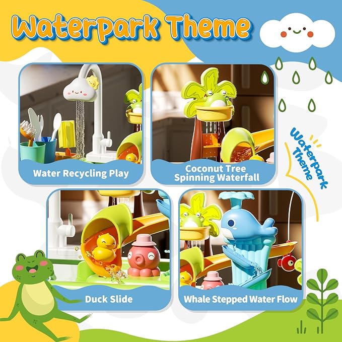 Play Sink with Running Water, 4-in-1 Kids Kitchen Sink Toys with Electric Faucet, Water Table Floating Pool Toy w/Fishing Game, Duck Slide, Pretend Play Dishwasher Set for Toddler Boys Girls (Green)
