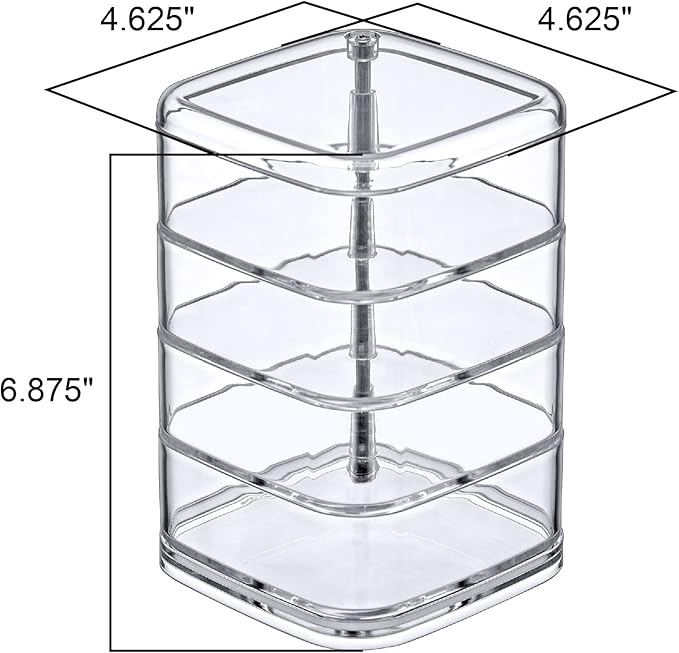 Amazing Abby - Inspire - 4-Tier Acrylic Hair Accessories Organizer with Lid, Plastic Jewelry Holder, Rotating Makeup Accessories Container, Beauty Supply Storage, Clear, Square (4.5" x 4.5")