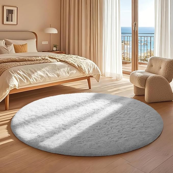 Ophanie Round Rug 4Ft White Circle Area Rug, Aesthetic Room Decor, Fluffy Fuzzy Bedroom Carpet, Plush Soft Shaggy Living Room Rugs for Kids Home Decor, Nursery