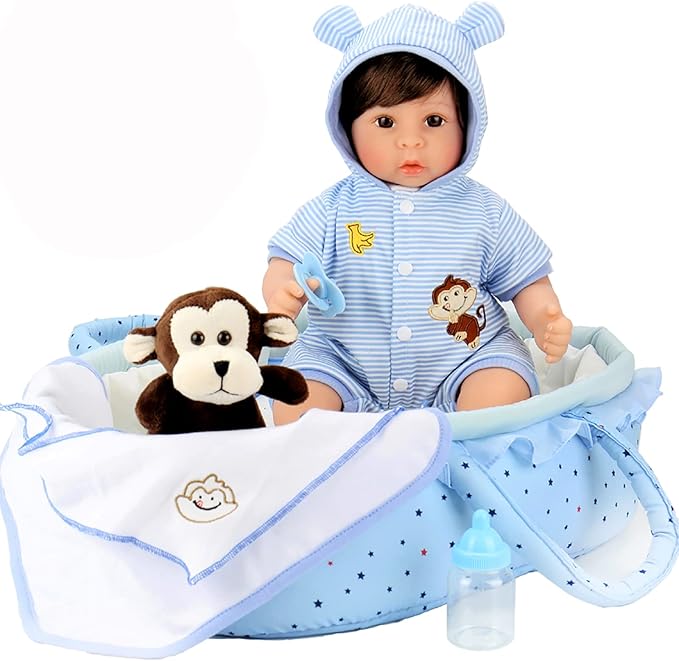 Aori Lifelike Reborn Baby Dolls Blue Bassinet 18 inch Realistic Newborn Boy Doll with Weighted Soft Body with 8 Piece Monkey Toy Carrier Bed Set