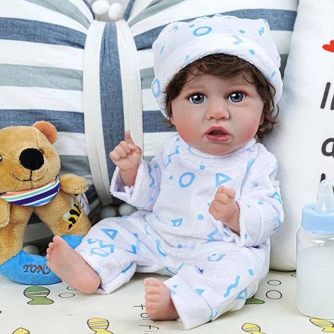 BABESIDE 8 Pcs Baby Doll Clothes Set with Bassinet for 8-10-12 Inch Dolls, Bitty Baby Doll Clothes and Accessories for Newborn Babydolls Boy, Blue