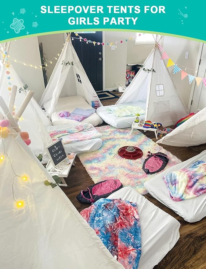 Teepee Tent for Kids Slumber Party 6 Pack - Inflatable Airbed & Star Lights & Colored Flag - Indoor Outdoor Toddler Play Tent for Girls Boys Birthday Gifts Sleepover Party (White)