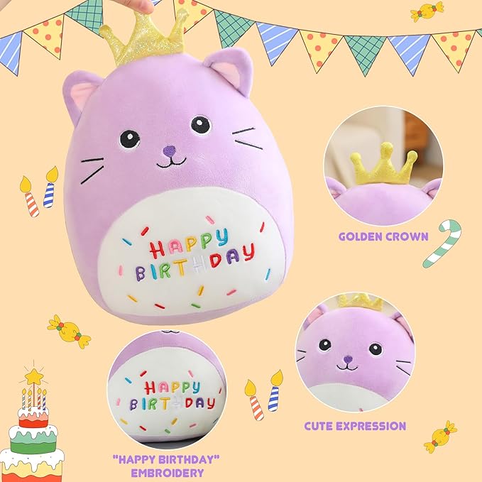 SQEQE Cat Stuffed Animal Kawaii Cat Plushie with Golden Crown Soft Kitty Stuffed Toy Birthday Party Decoration Gift for Kids Girls Boys(Purple Caticorn,14 Inch)